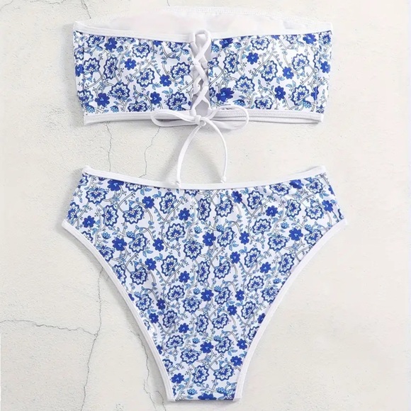 Blue Floral Bandeau High Waisted Bikini Set - Picture 3 of 7